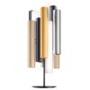 An artistic table lamp with satin plexiglass diffusers. The lamp features three-dimensional tubes that add verticality.